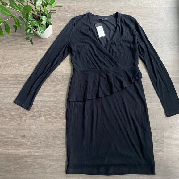 NWT Laura Petites Wool V-Neck Midi Dress with Long Sleeves & Waist Ruffle - Picture 2 of 11